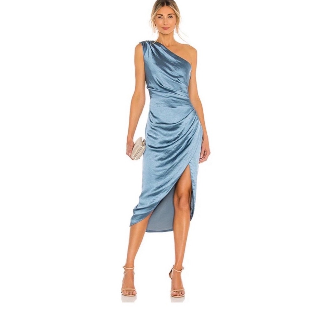 ELLIATT Reception Dress Dusty Blue One Shoulder Satin Ruched Midi Size L‎ - Picture 2 of 16